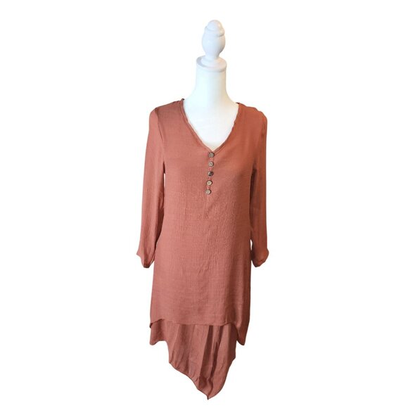 Long Sleeve V-Neck Button Front Midi Dress Tunic In Terracotta Medium - Picture 2 of 7